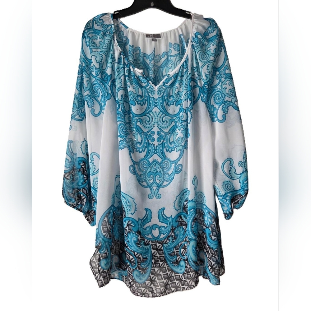 JM Collection Teal and‎ White Sheer Top Size XL